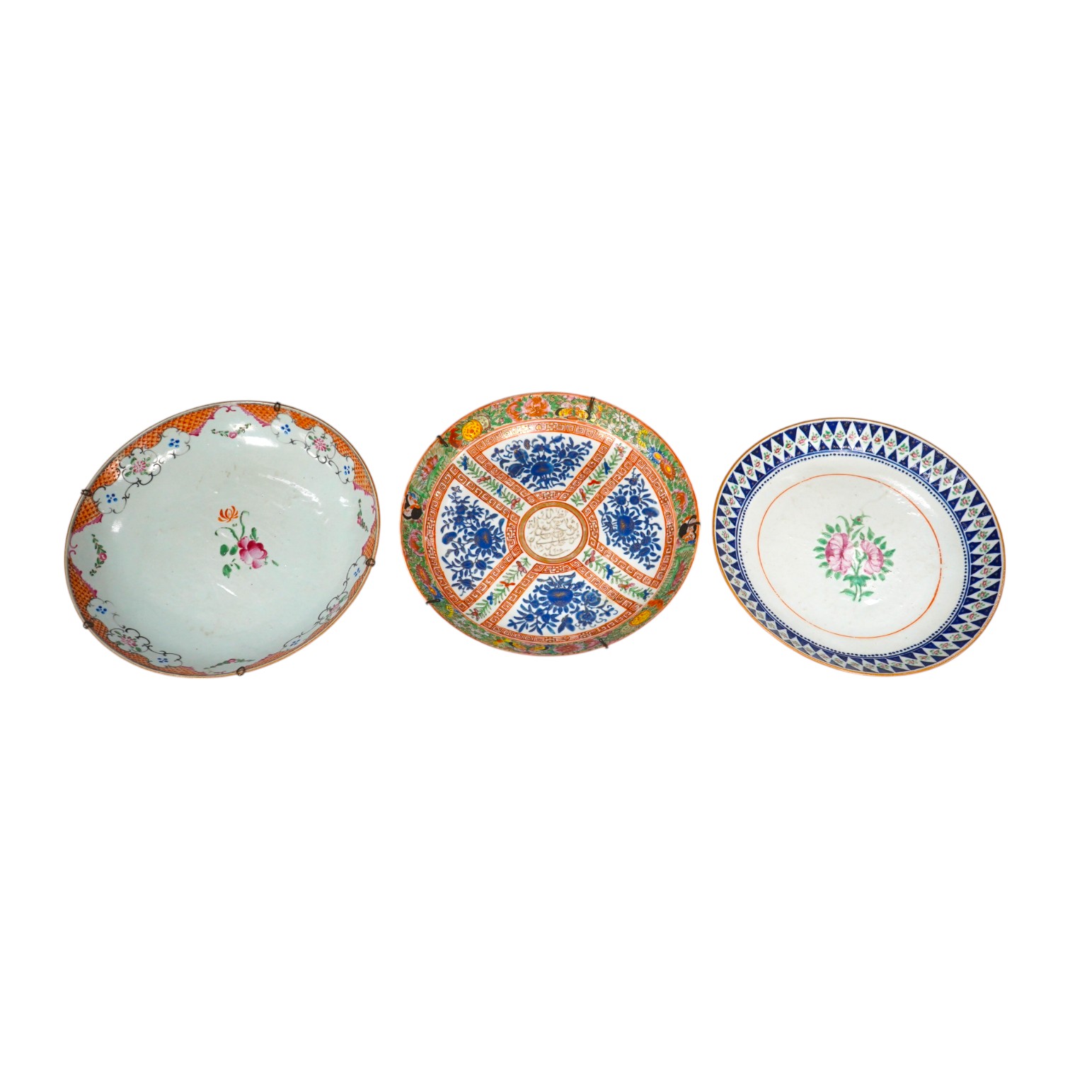 A Chinese enamelled floral porcelain dish made for the Persian market, c.1905 and two other Chinese plates, 28cm diameter. Condition - good, one dish sounds dull